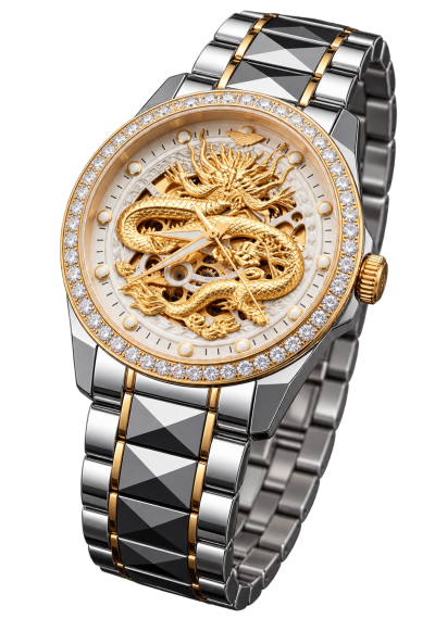 Gold dragon skeleton watch with silver bracelet