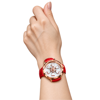 Red leather rose-gold wristwatch